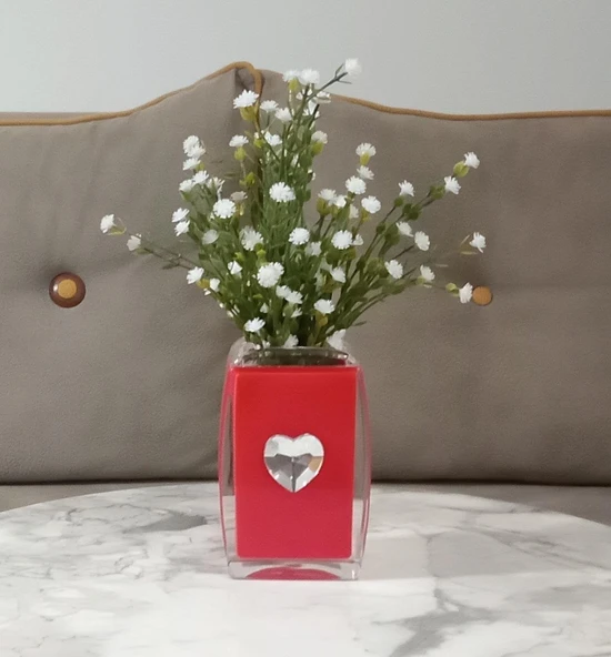 2 ADET VAZO DAHİL,VAZODA ÇİÇEK,BEYAZ YAPAY ÇİÇEK,VAZO DEKORATİF KRİSTAL TAŞLI KIRMIZI KALPLİ  6X6X16CM - 2