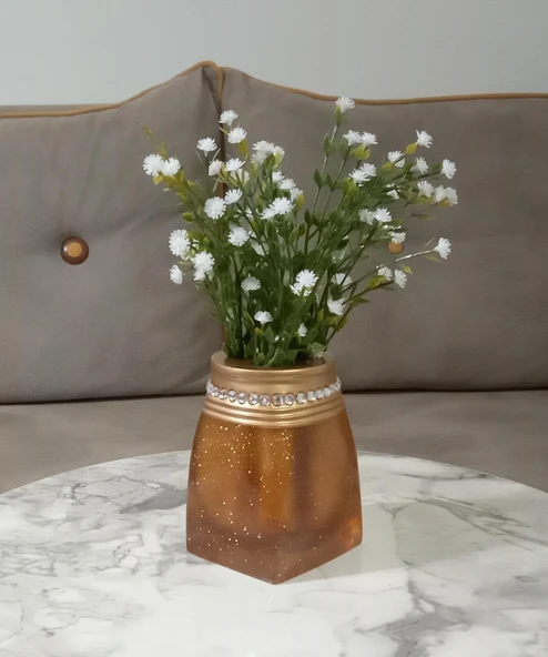 2 ADET VAZO DAHİL,VAZODA ÇİÇEK,BEYAZ YAPAY ÇİÇEK,VAZO DEKORATİF TAŞLI ALTIN POLİRESİN 7x7x15cm - 2