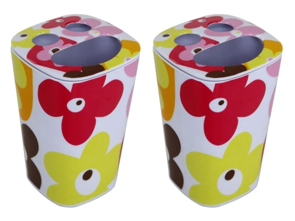 2 ADET DİŞ FIRÇALIK KIRMIZI PAPATYA MELAMİN 7X7X11CM BANYO SETİ - 3