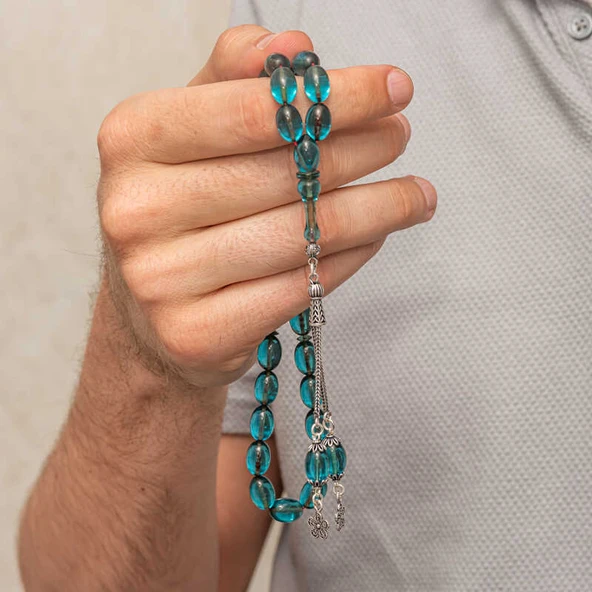 Gümüş Püsküllü Ateş Kehribar Tesbih - 8