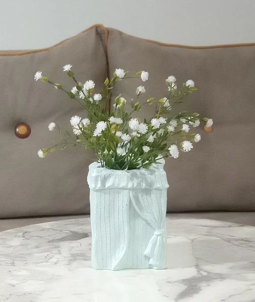 2 ADET VAZO DAHİL,VAZODA ÇİÇEK,BEYAZ YAPAY ÇİÇEK,VAZO DEKORATİF POLİRESİN 7X7X17CM - 2