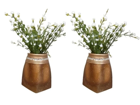 2 ADET VAZO DAHİL,VAZODA ÇİÇEK,BEYAZ YAPAY ÇİÇEK,VAZO DEKORATİF TAŞLI ALTIN POLİRESİN 7x7x15cm