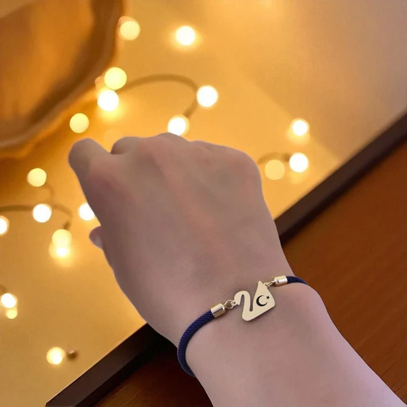 14 Ayar Altın Plakalı Sembole Özel Kuğu Kuşu Motifli Lacivert İpek Örgülü Hediye Bileklik-618 - Resim 2