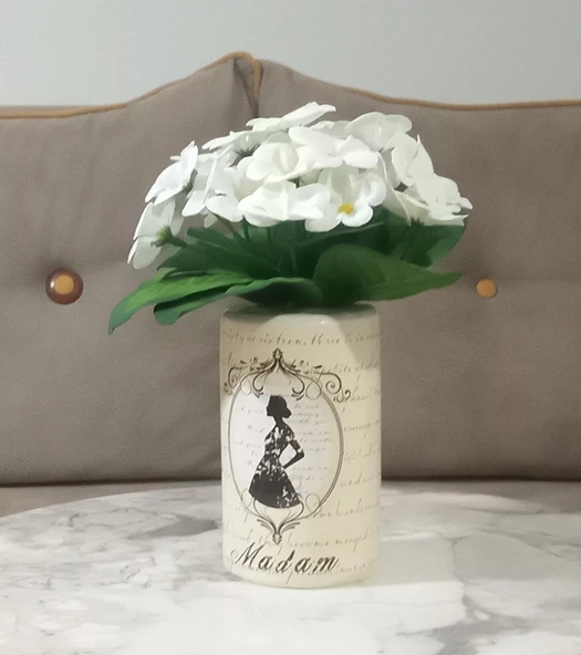 2 ADET VAZO DAHİL,VAZODA ÇİÇEK,BEYAZ YAPAY ÇİÇEK,VAZO DEKORATİF MADAM DESENLİ 7X7X16CM - 2