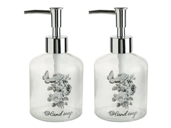 2 ADET CAM SIVI SABUNLUK,ÇİÇEKLİ 300ML BANYO SETİ  7,6X15,5CM ürün görseli