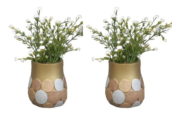 2 ADET VAZO DAHİL,VAZODA ÇİÇEK,BEYAZ YAPAY ÇİÇEK,VAZO DEKORATİF ALTIN PUANLI POLİRESİN 9X9X15CM