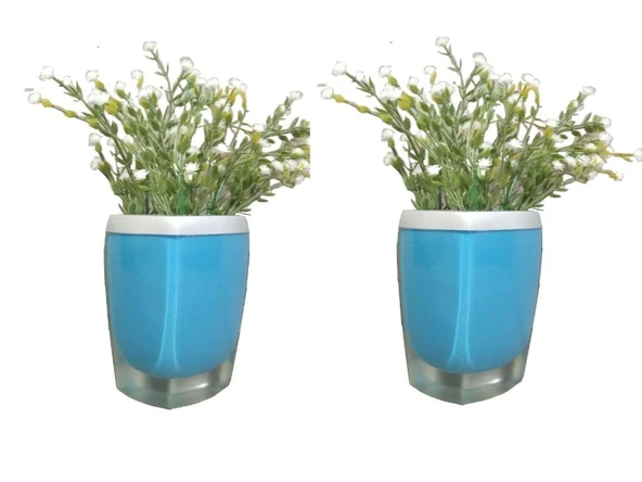 2 ADET VAZO DAHİL,VAZODA ÇİÇEK,BEYAZ YAPAY ÇİÇEK,VAZO DEKORATİF GRİ MAVİ POLİRESİN 8X4X16CM