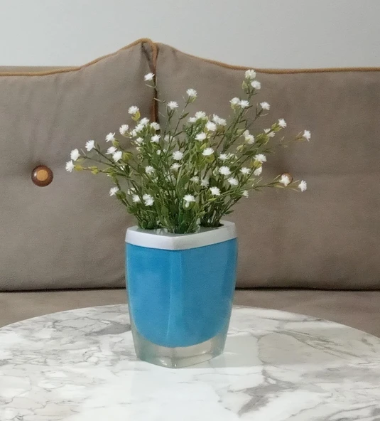 2 ADET VAZO DAHİL,VAZODA ÇİÇEK,BEYAZ YAPAY ÇİÇEK,VAZO DEKORATİF GRİ MAVİ POLİRESİN 8X4X16CM - 2