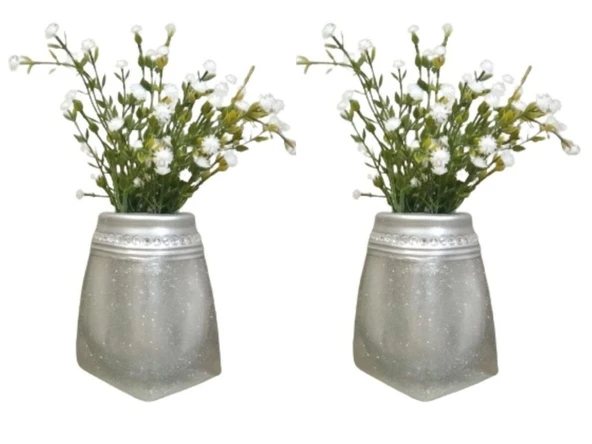 2 ADET VAZO DAHİL,VAZODA ÇİÇEK,BEYAZ YAPAY ÇİÇEK,VAZO DEKORATİF KRİSTAL TAŞLI GÜMÜŞ POLİRESİN 7X7X15CM