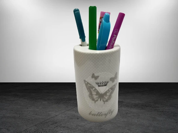 2 ADET KALEMLİK KELEBEK DESENLİ SERAMİK OFİS GERECİ 7X7X11CM - 2