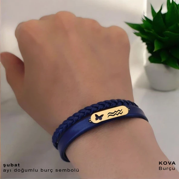 14 Ayar Altın Plakalı Doğum Ayına Özel Doğal Lacivert Derili Kelebek Motifli Hediye Bileklik-616 - Resim 2