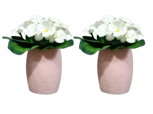 2 ADET VAZO DAHİL,VAZODA ÇİÇEK,BEYAZ YAPAY ÇİÇEK,VAZO PEMBE PETEK DESENLİ POLİRESİN 8x8x15cm