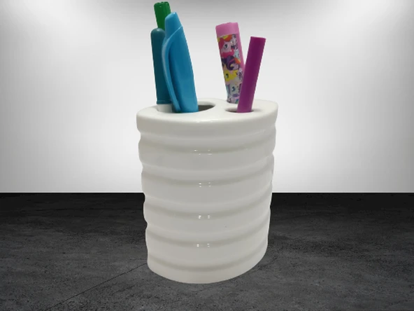 2 ADET KALEMLİK OVAL ÇİZGİLİ MODEL SERAMİK OFİS GERECİ  9X6X11CM - Resim 3