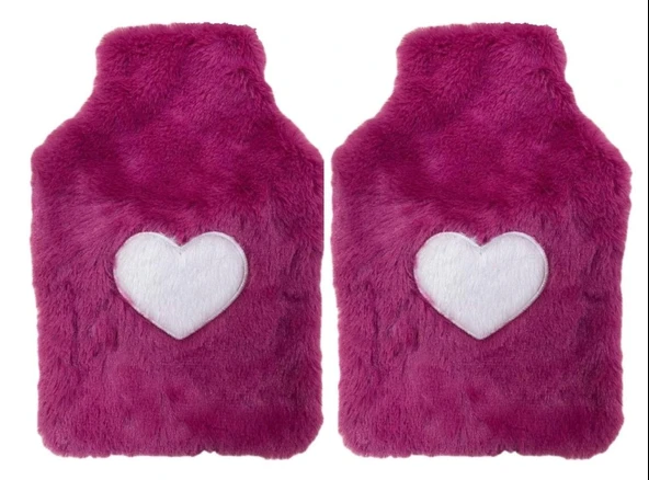 2 ADET SICAK SU TORBASI PELUŞ KALPLİ,KOYU PEMBE TERMOFOR 27X17X2CM 1 LİTRE - Resim 2