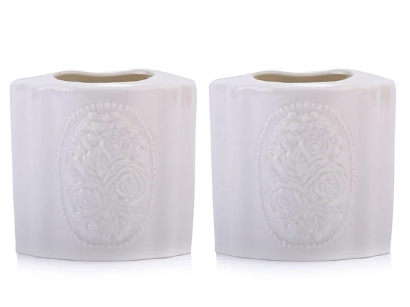2 ADET KALEMLİK ÇİÇEKLİ OVAL MODEL SERAMİK OFİS GERECİ 8X5X10CM - 2