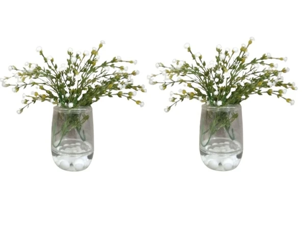 2 ADET VAZO DAHİL,VAZODA ÇİÇEK,BEYAZ YAPAY ÇİÇEK,VAZO DEKORATİF BEYAZ İNCİLİ 8X8X16CM