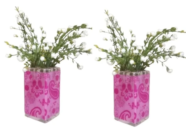 2 ADET VAZO DAHİL,VAZODA ÇİÇEK,BEYAZ YAPAY ÇİÇEK,VAZO DEKORATİF PEMBE 7X7X17CM