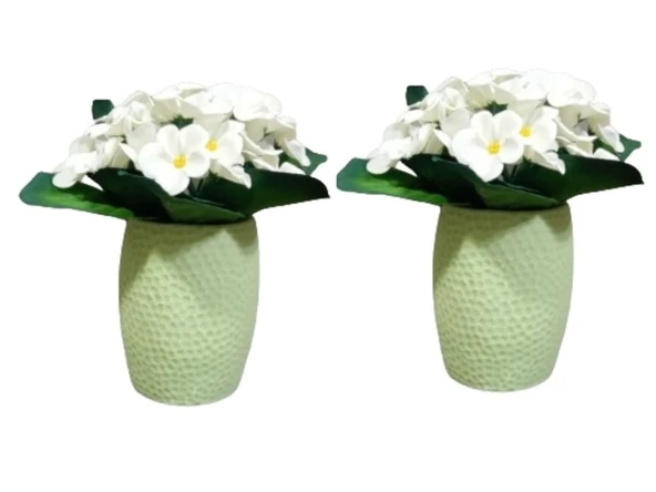 2 ADET VAZO DAHİL,VAZODA ÇİÇEK,BEYAZ YAPAY ÇİÇEK,VAZO YEŞİL PETEK DESENLİ POLİRESİN 8x8x15cm