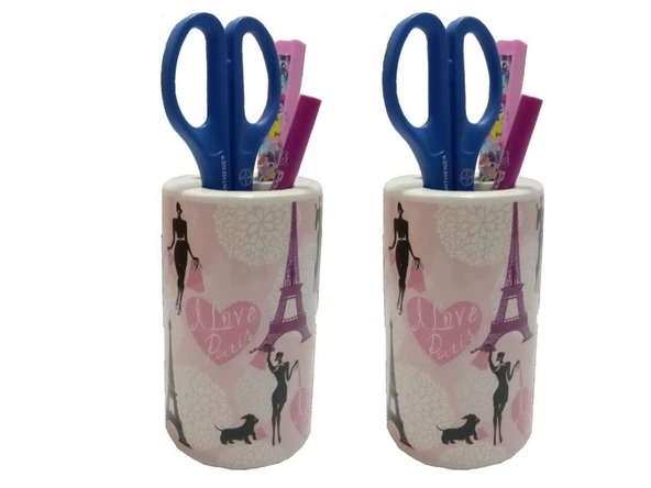 2 ADET KALEMLİK KIZLI PARİS DESENLİ SERAMİK OFİS GERECİ  7X7X11CM