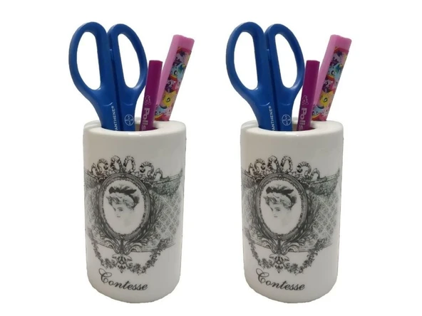 2 ADET KALEMLİK KRALİÇE MODEL SERAMİK OFİS GERECİ  7X7X11CM