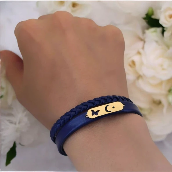14 Ayar Altın Plakalı Sembole Özel Kelebek Motifli Doğal Lacivert Derili Hediye Bileklik-616 - Resim 2