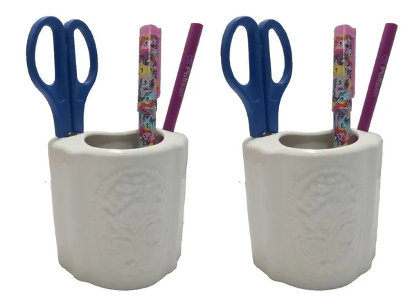 2 ADET KALEMLİK ÇİÇEKLİ OVAL MODEL SERAMİK OFİS GERECİ 8X5X10CM