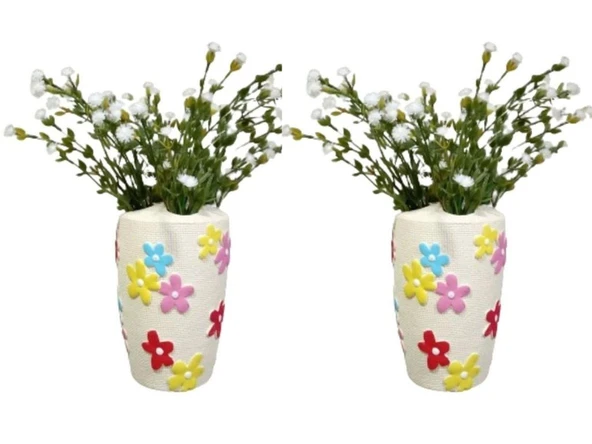 2 ADET VAZO DAHİL,VAZODA ÇİÇEK,BEYAZ YAPAY ÇİÇEK,VAZO DEKORATİF RENKLİ PAPATYALI POLİRESİN 5X5X16CM