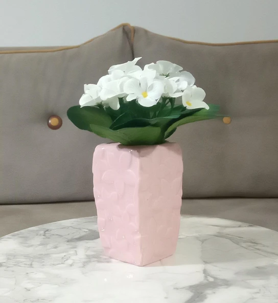 2 ADET VAZO DAHİL,VAZODA ÇİÇEK,BEYAZ YAPAY ÇİÇEK,VAZO DEKORATİF ÇİÇEKLİ PEMBE 7X7X17CM - 2