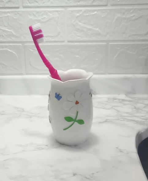 2 ADET DİŞ FIRÇALIK,MACUNLUK ÇİÇEKLİ POLİRESİN  7x7x10cm BANYO SETİ - Resim 2