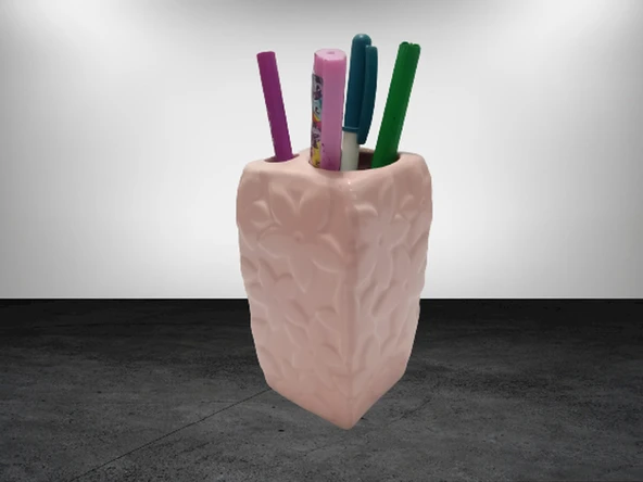 2 ADET KALEMLİK ÇİÇEKLİ PEMBE MODEL SERAMİK OFİS GERECİ  7X7X12CM - 2