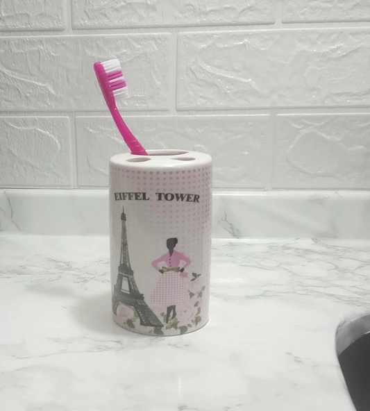 2 ADET SERAMİK DİŞ FIRÇALIK EYFEL KULESİ MODEL 7X7X11CM BANYO SETİ - Resim 2