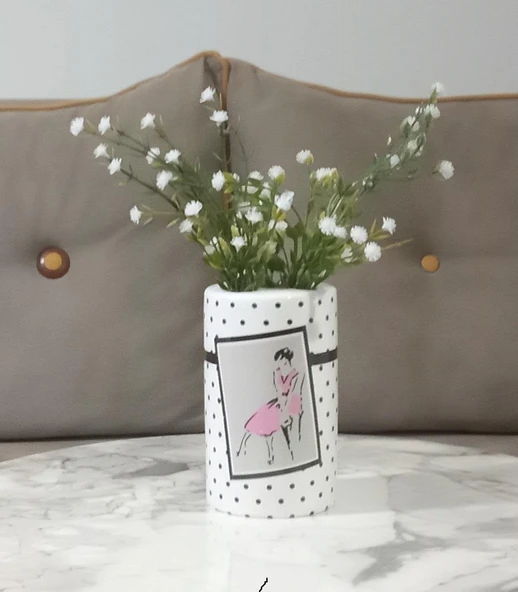 2 ADET VAZO DAHİL,VAZODA ÇİÇEK,BEYAZ YAPAY ÇİÇEK,VAZO DEKORATİF PEMBE ELBİSELİ KADIN 7X7X16CM - 2