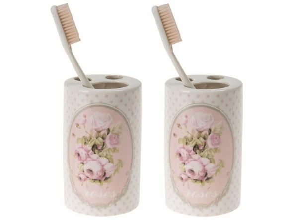 2 ADET SERAMİK DİŞ FIRÇALIK BAHAR DESENLİ 7X7X11CM BANYO SETİ