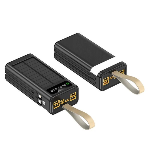 30.000 mAh Güneş Enerjili Powerbank 22.5W Hızlı Şarj, Çoklu USB Çıkış, Dahili Kablo ve Dijital Ekranlı Taşınabilir Şarj Cihazı