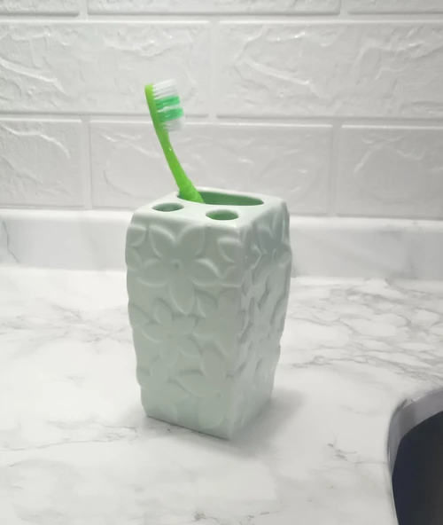2 ADET SERAMİK DİŞ FIRÇALIK ÇİÇEKLİ SU YEŞİLİ 7X7X12CM  BANYO SETİ - 2