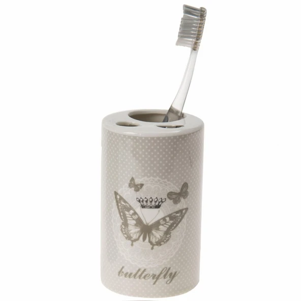 2 ADET SERAMİK DİŞ FIRÇALIK KELEBEK DESENLİ 7X7X11CM BANYO SETİ - Resim 3