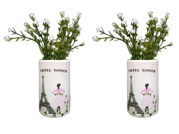 2 ADET VAZO DAHİL,VAZODA ÇİÇEK,BEYAZ YAPAY ÇİÇEK,VAZO DEKORATİF  EYFEL KULESİ 7X7X16CM