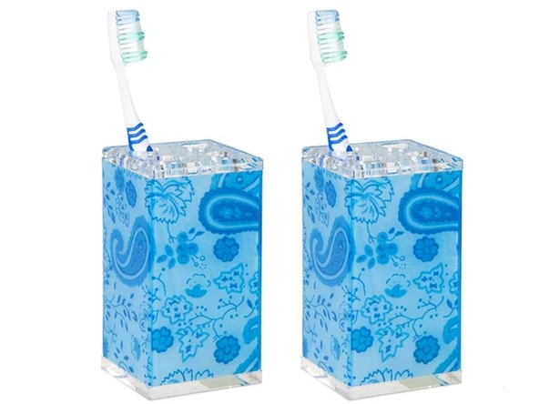 2 ADET DİŞ FIRÇALIK MAVİ ÇİÇEKLİ AKRİLİK 6X6X12CM BANYO SETİ ürün görseli
