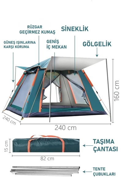 Yussraw 4-6 Kişilik Tam Otomatik Tenteli Kamp Çadırı dış 240x240x160 - 3