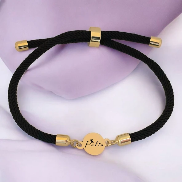 14 Ayar Altın Plakalı İsme Özel Yuvarlak Figürlü Siyah Örgü İpli Hediye Bileklik-619 ürün görseli