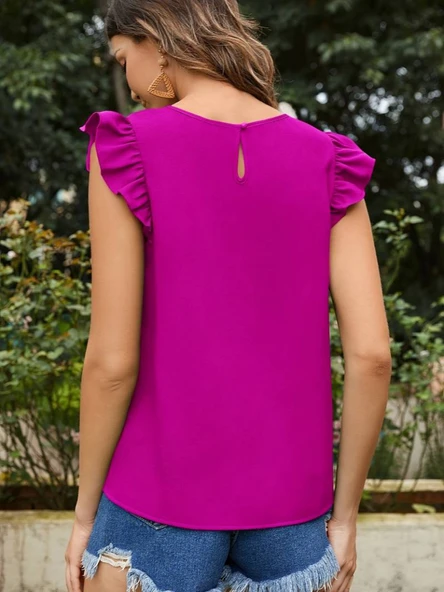 Kadın Yuvarlak Yaka Kolları Fırfırlı Krep Bluz - Resim 4