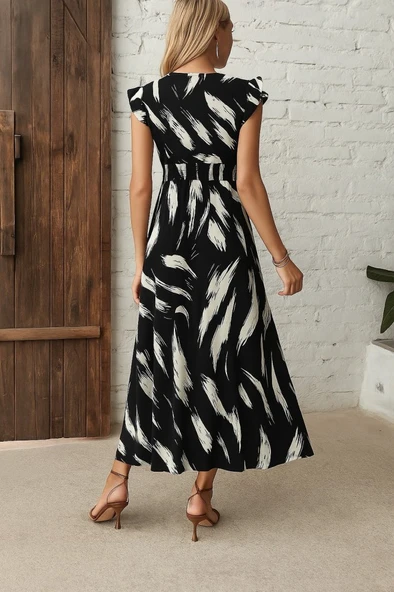 Kadın Kısa Kollu V Yakalı Desenli Yandan Yırtmaçlı Süprem Elbise - Resim 3