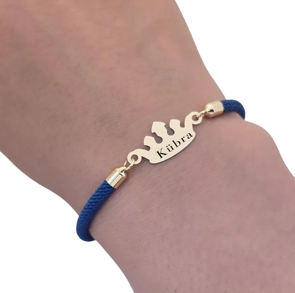 14 Ayar Altın Plakalı İsme Özel Taç Figürlü Lacivert Örgü İpli Hediye Bileklik-621 - Resim 3