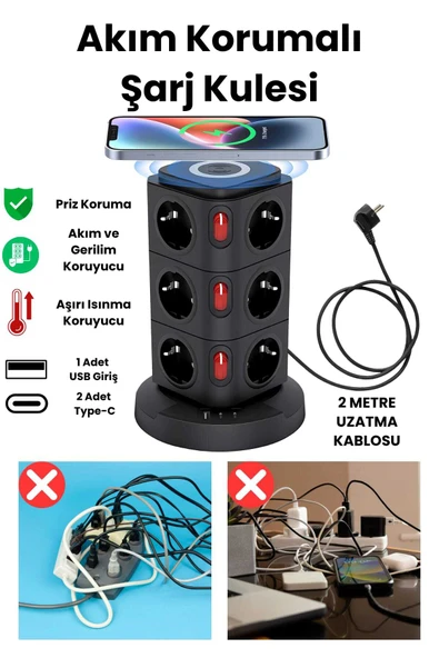 Yussraw Yeni Akım Korumalı 2.4a Kule Priz Kablosuz Şarj Istasyonu 12x Soketli 2×type-c 1x Usb çıkışı - 7