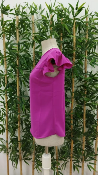 Kadın Yuvarlak Yaka Kolları Fırfırlı Krep Bluz - Resim 7