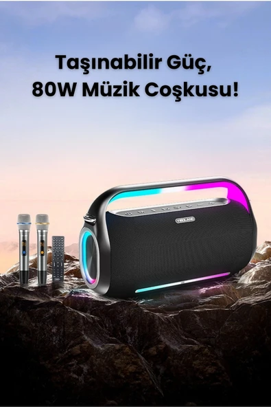 Yussraw Taşınabilir bluetooth-Karaoke Çift Mikrofon Kablosuz Hoparlör 80w rgb ışıklı A-kalite - 4