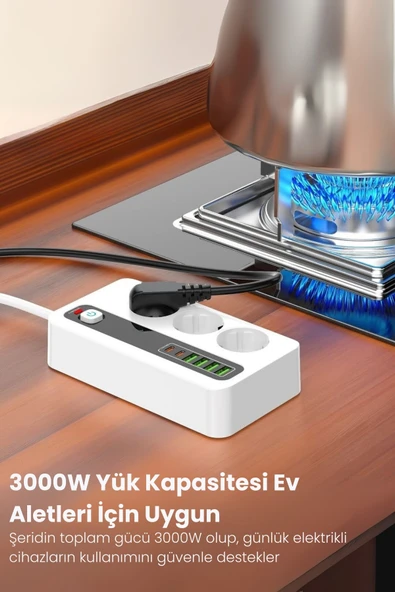 Yussraw Pro P10 3x Priz 3000W Akım Korumalı 4x USB 2x Type-C Girişli Çoklu Priz - 2