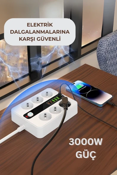 Yussraw Pro P11 6x Priz 3000W Termal Akım Korumalı 4x USB 2x Type-C Girişli Çoklu Priz - 3