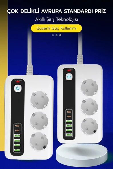Yussraw Pro P10 3x Priz 3000W Akım Korumalı 4x USB 2x Type-C Girişli Çoklu Priz - 5