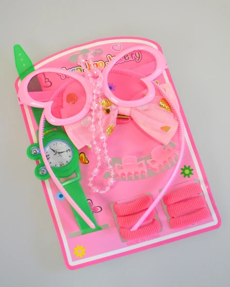 Kız Çocukları İçin Aksesuar Tam Seti | Gözlük + Saat + Toka + Kolye | Renkli ve Eğlenceli Hediye Seti - 5